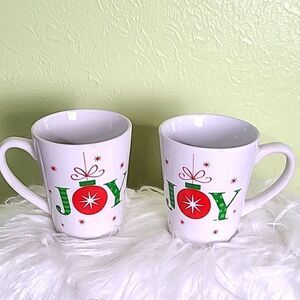 Holiday Mugs "JOY", White, Red & Green, Set of 4